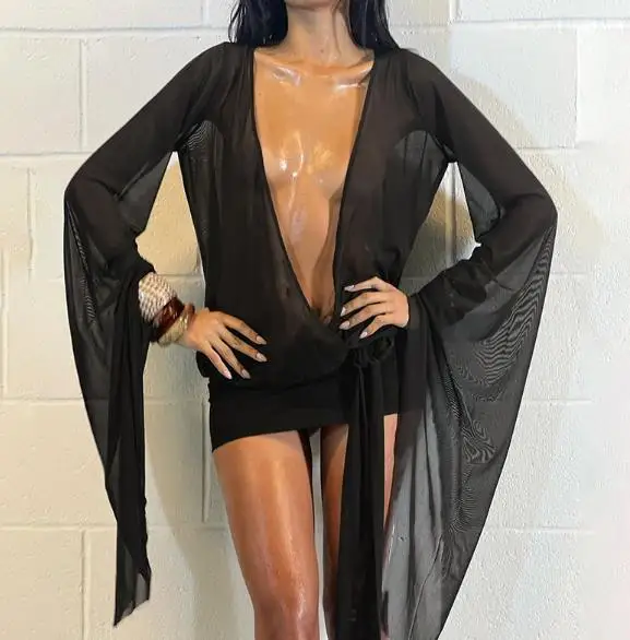 

2025 New Women's Deep V Sexy Mesh See Through Strap Short Style Spicy Girl Hip Hugging Dress