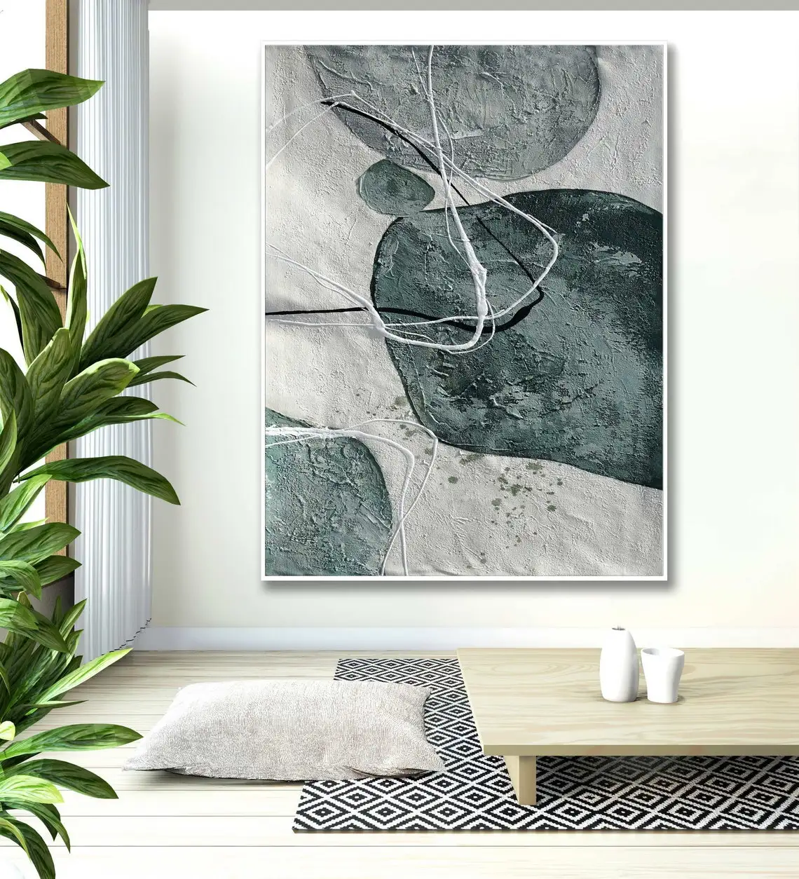 Hand Painted Abstract Painting On Canvas Texture Green Painting Mid Century Boho Scandinavian Wabi Sabi Style Modern Wall Art