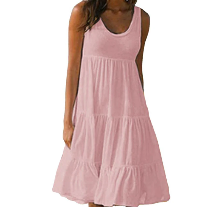 فستان نسائي قصير غير رسمي متين 2024 صيفي أنيق بدون أكمام وكشكشة فستان قصير فضفاض لحفلات الشاطئ فستان الشمس ملابس خروج كبيرة الحجم #4
