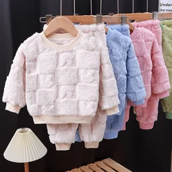 Children Baby Girls Cotton Clothing Sets Autumn Winter Kids Boys Plus Fleece Warm Cartoon Top+Pants 2PCS Outfit Suit 1TO 6 Years