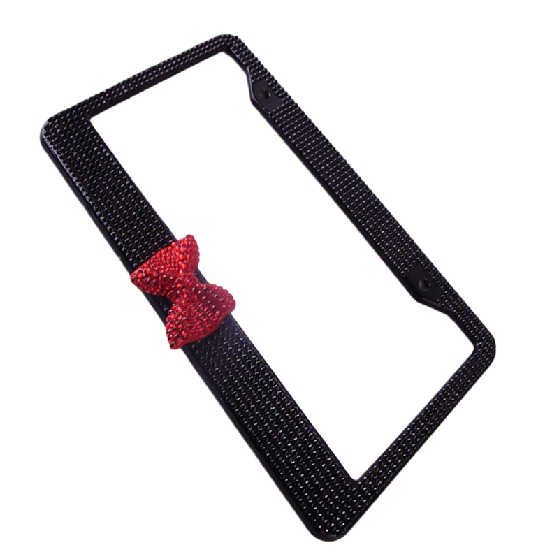 31x16cm Bling Uchwyt na tablicę rejestracyjną Auto Części Zewnętrzne wykończenie samochodu Rama ochronna ze stali nierdzewnej do tablicy modelu USA Różowa muszka