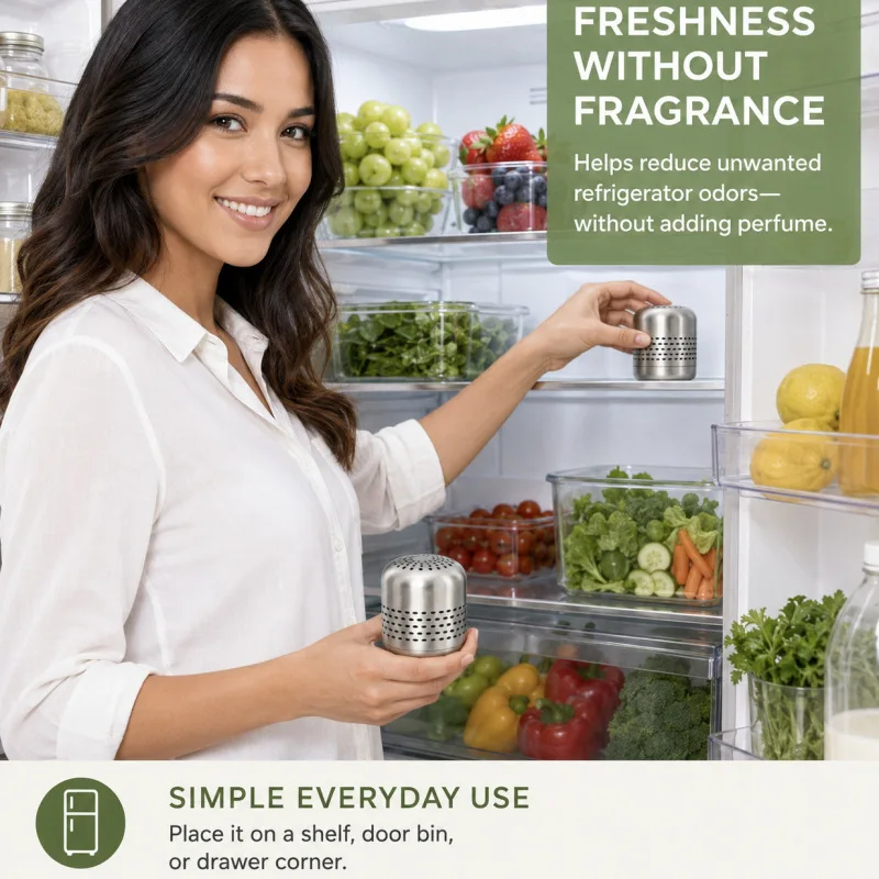 Stainless Steel Fridge Deodorizer Box 24-Hour Odor Neutralization Air Freshener Extends Food Freshness for Home Kitchen