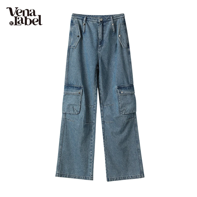 

Vena Label Women Washed Jeans Vintage Straight Denim Trousers Female High Waist Loose Wide Leg Pants Streetwear Casual WA055