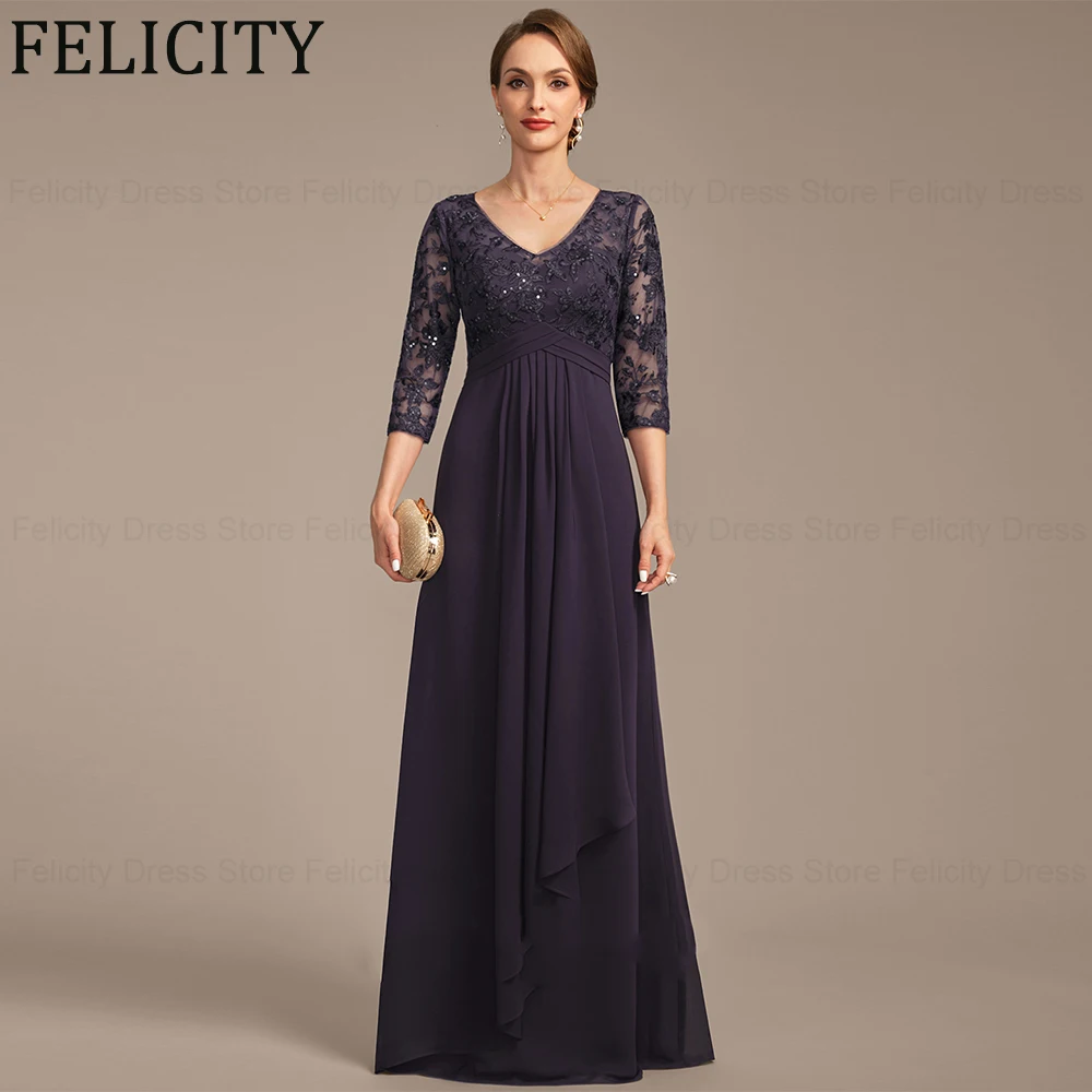 FELICITY-Requintado vestido de chiffon para a mãe da noiva, decote em v, vestidos de casamento, lantejoulas, longos vestidos de noite, 2024