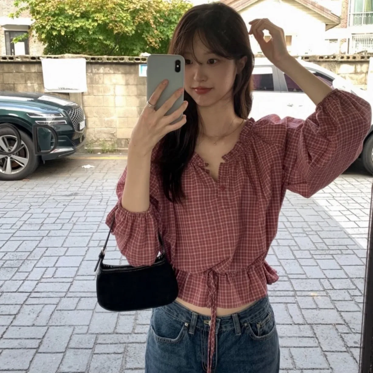 Retro Korean Plaid Waist-Cinching Shirt Autumn New Style Women's Long Sleeve Button-Up Top Fashionable Elegant Ladylike