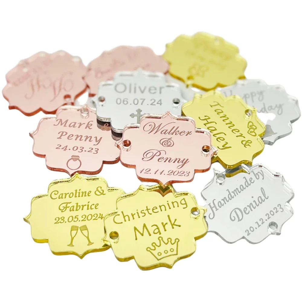 20/50/100Pcs Custom Wedding Party Baby Baptism Mirror Engraved Tag Decoration Gift Custom Name Gift Personalized Acrylic Tag