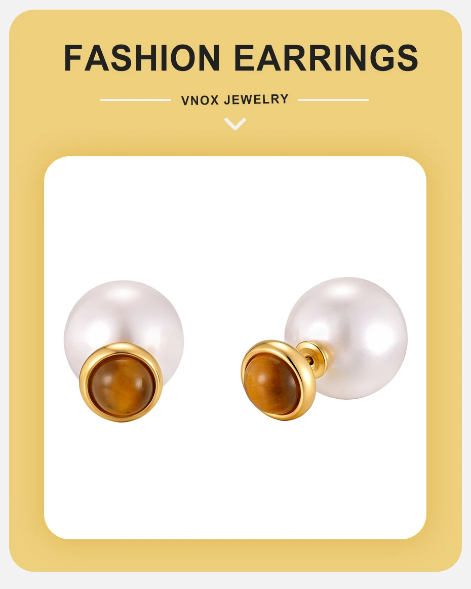 Vnox Vintage Tigerauge Ohrstecker für Damen, Elegante 18K Vergoldete Edelstahl-Imitationsperlen-Kugel-Ohrringe, Alltagsschmuck – Detail 1