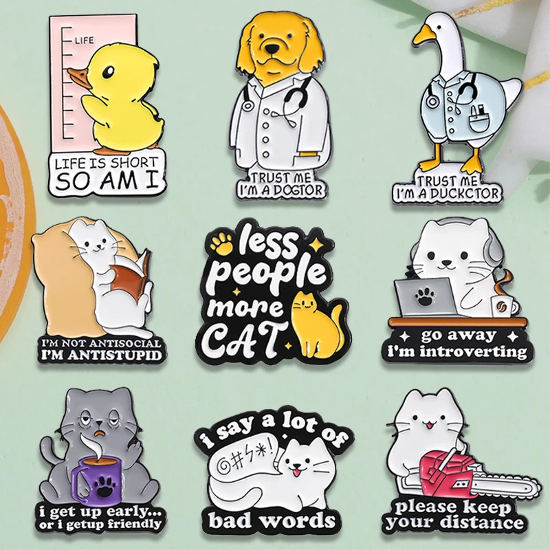 Cartoon Cute Quirky Cat Metal Badge Fun English Phrase Animal Clothes Lapel Pin Sweater Accessories Jewelry Gift For Friends