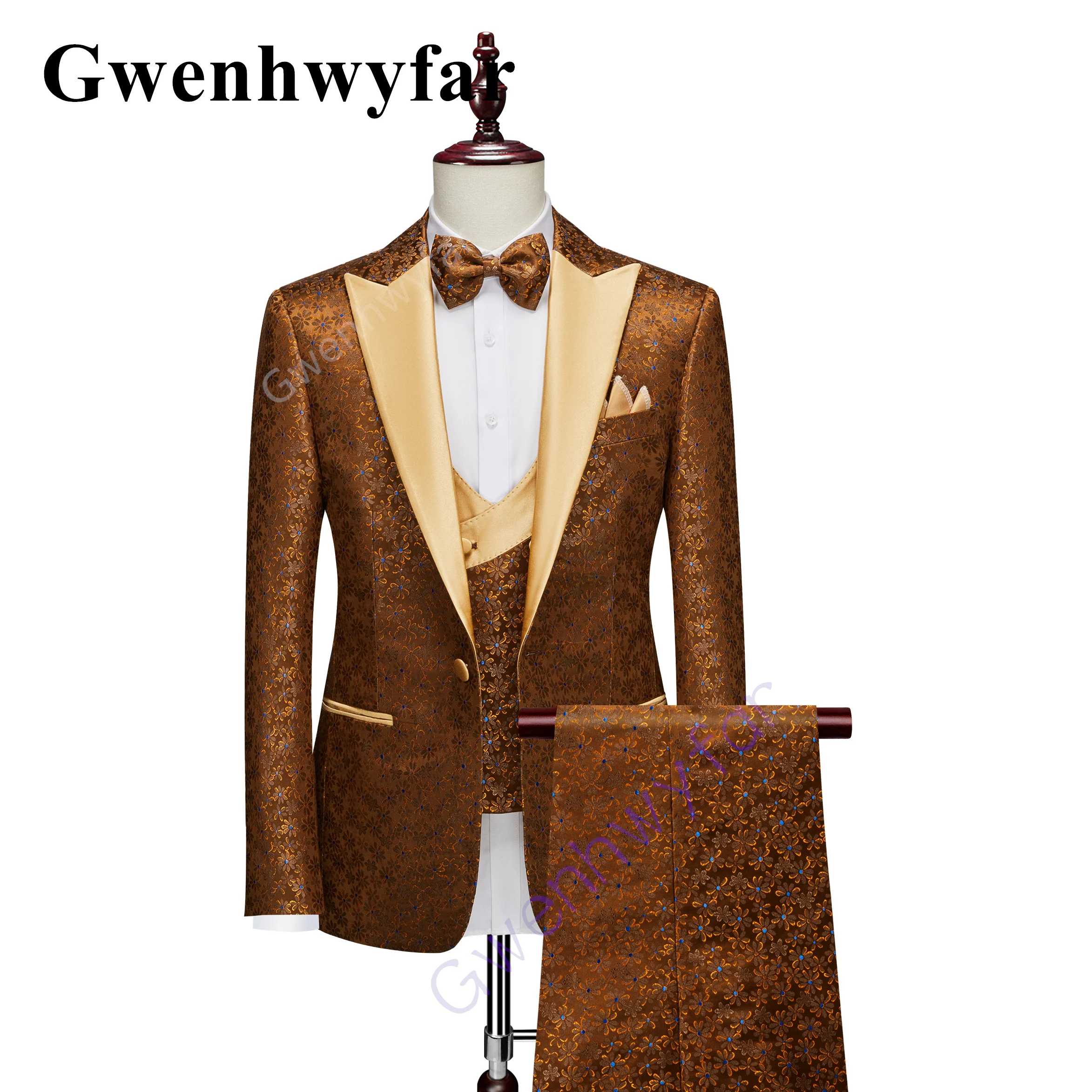 Gwenhwyfar Gorgeous Trend New Gray Pattern Suit 3 Pieces Men Suit Party Wedding High-end Fabric Groom Jacket Tuxedo Costume