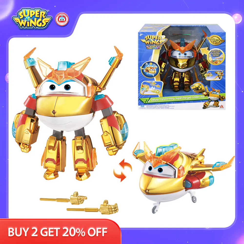 Super Wings 6 inches Deluxe Transforming Supercharged Golden Boy with Light Sound 2 Gestures Plane Transform Robot Anime Kid Toy