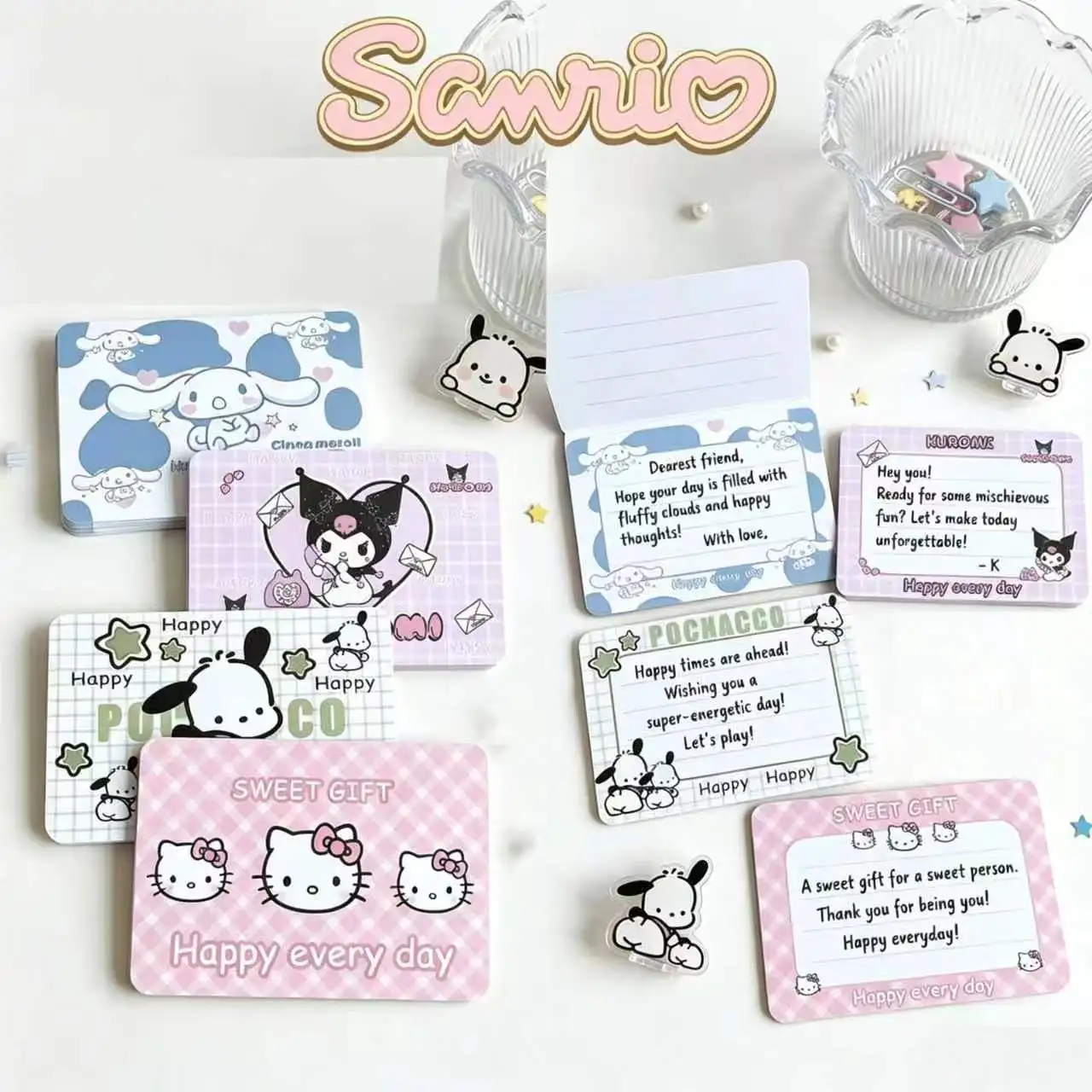 20/80/160pcs Sanrio Cute Cartoon Greeting Card Set - Cinnamoroll Kuromi Hello Kitty Pochacco Message Cards for Birthday Thank Yo