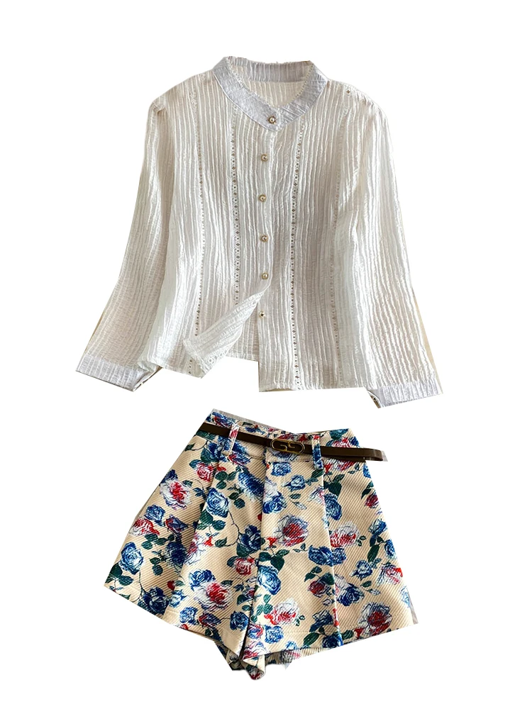 Retro Lace Splice Long Sleeve Sun Protection Open Cardigan High Waist Short Pants Two-Piece Set Fashionable Print Loose Fit