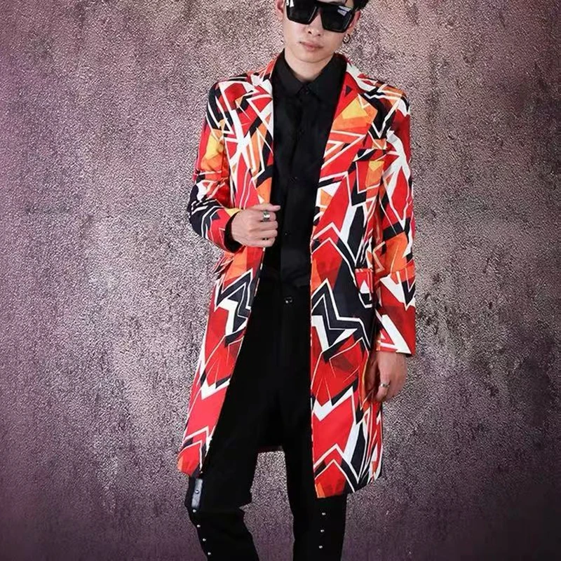 هندسية اللون طباعة الرجال عارضة بدلة طويلة سترة ملهى ليلي بار المغني العصرية مصفف شعر معطف الهيب هوب الرقص مرحلة الملابس #2