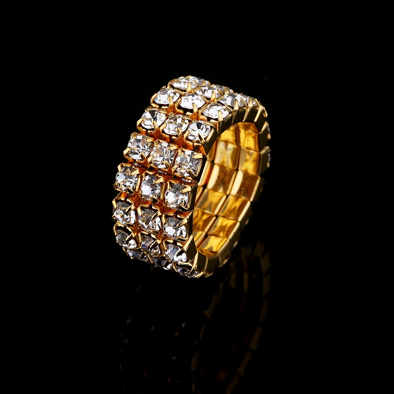 1-5 Rows Gold Color Rings Bridal Wedding Bands Crystal Rhinestone Stretch Finger Rings for Women