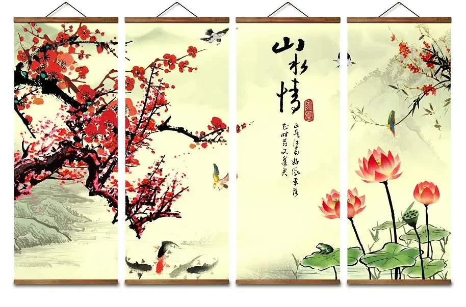 MT0926 Chinese Style plum bossom lotus, Canvas Living Room Wall Art Posters Chinese Solid Wood Scroll Paintings