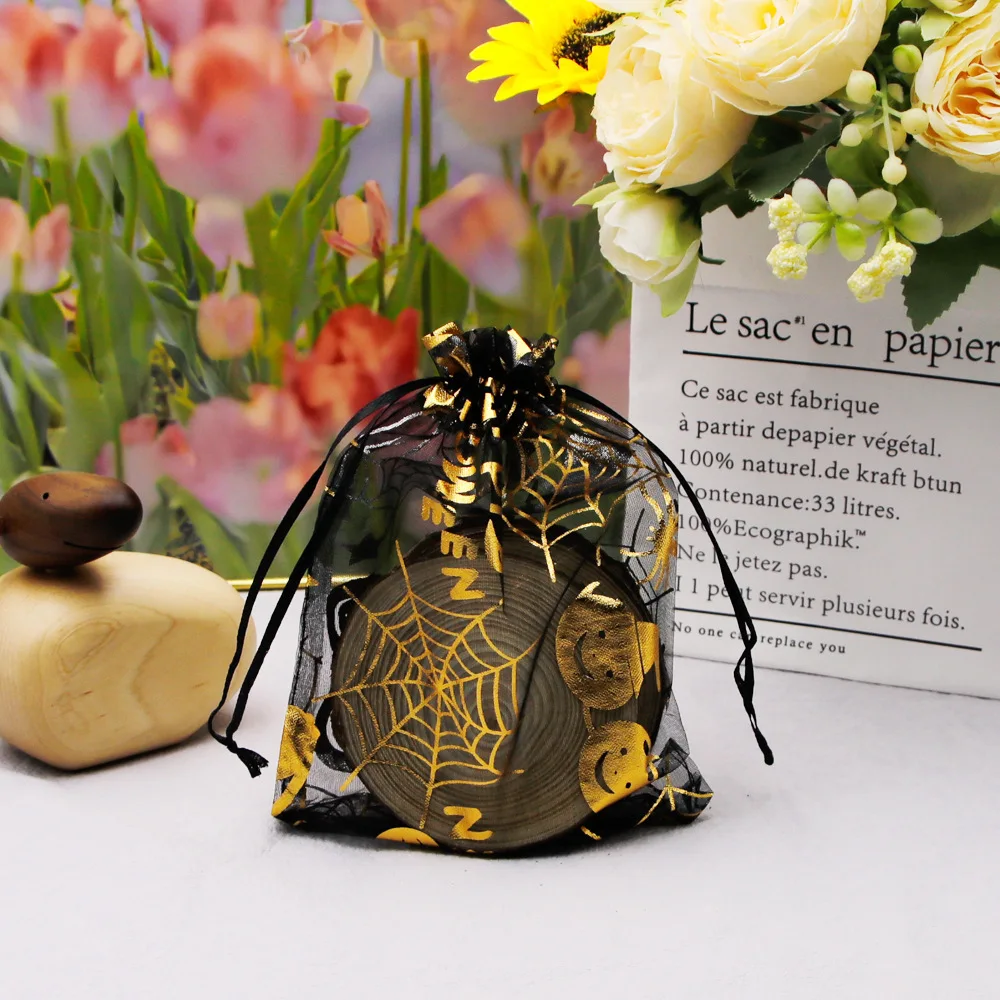 100pcs/lot 10*14cm Pumpkin Lantern Spider Organza Drawstring Pouch Halloween Gift Carnival Night Candy Packaging Bags