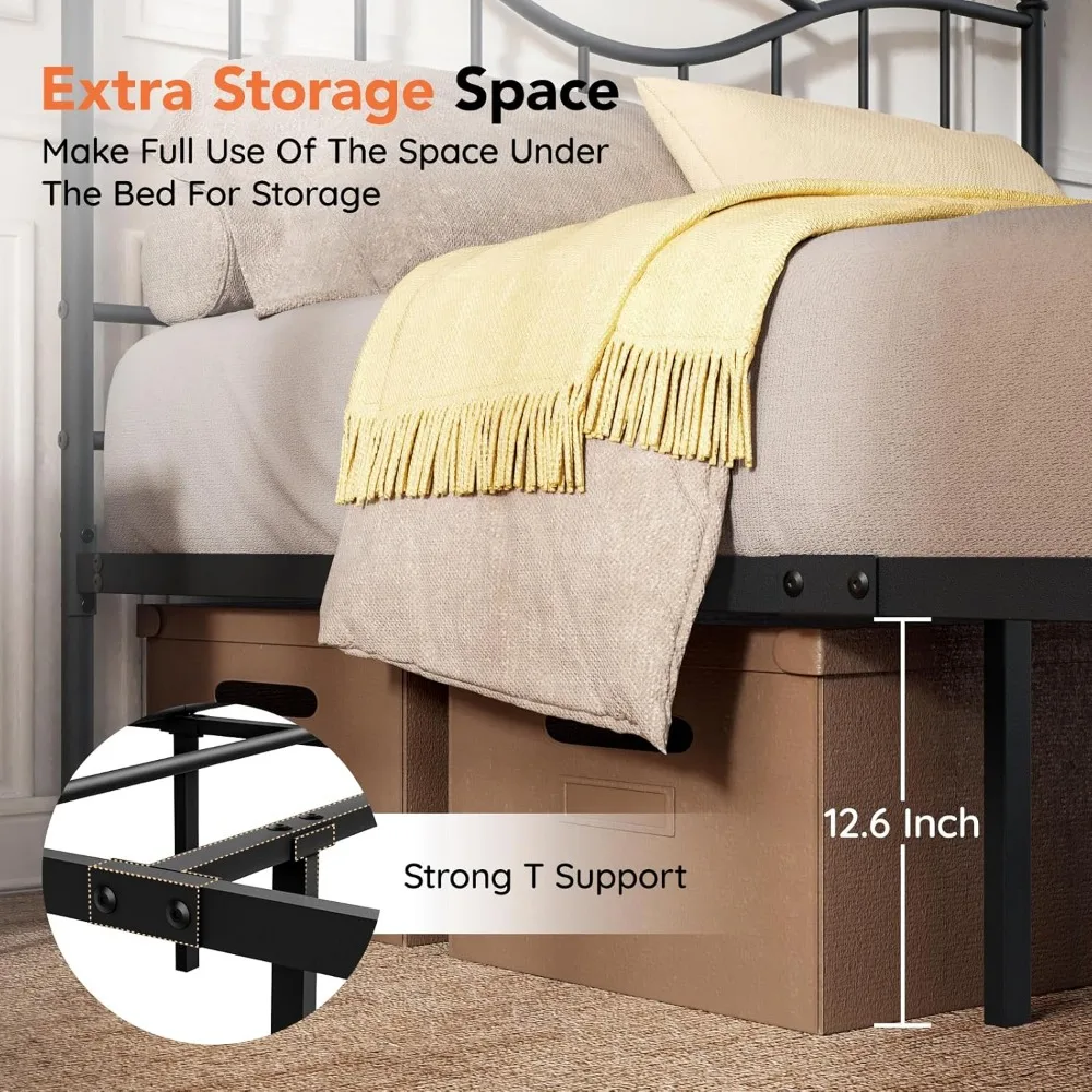 Cadre de lit queen size avec tête de lit, sommier de matelas à plateforme en métal de 14 pouces de haut avec pied de lit, rangement sous le lit