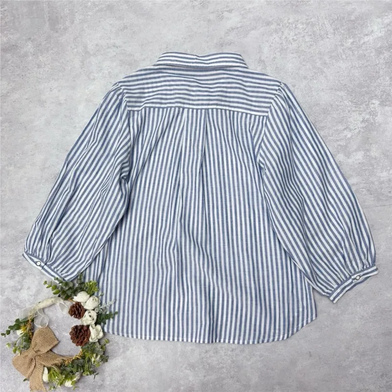 Camicia a righe con gattino ricamato giapponese Johnature per l'estate Nuova camicia da donna versatile allentata con risvolto casual