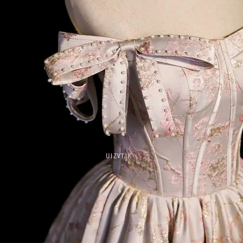 Rosa Retro Gedruckt Floral Abend Party Kleid Perle Schleife Off Schulter Geburtstag Formale Kleid Luxus Satin Braut Engagement Vestido