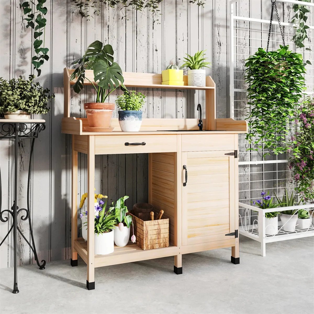 Natural Wood Outdoor Potting Bench with Storage Cabinet,Sink and Faucet ,Hooks