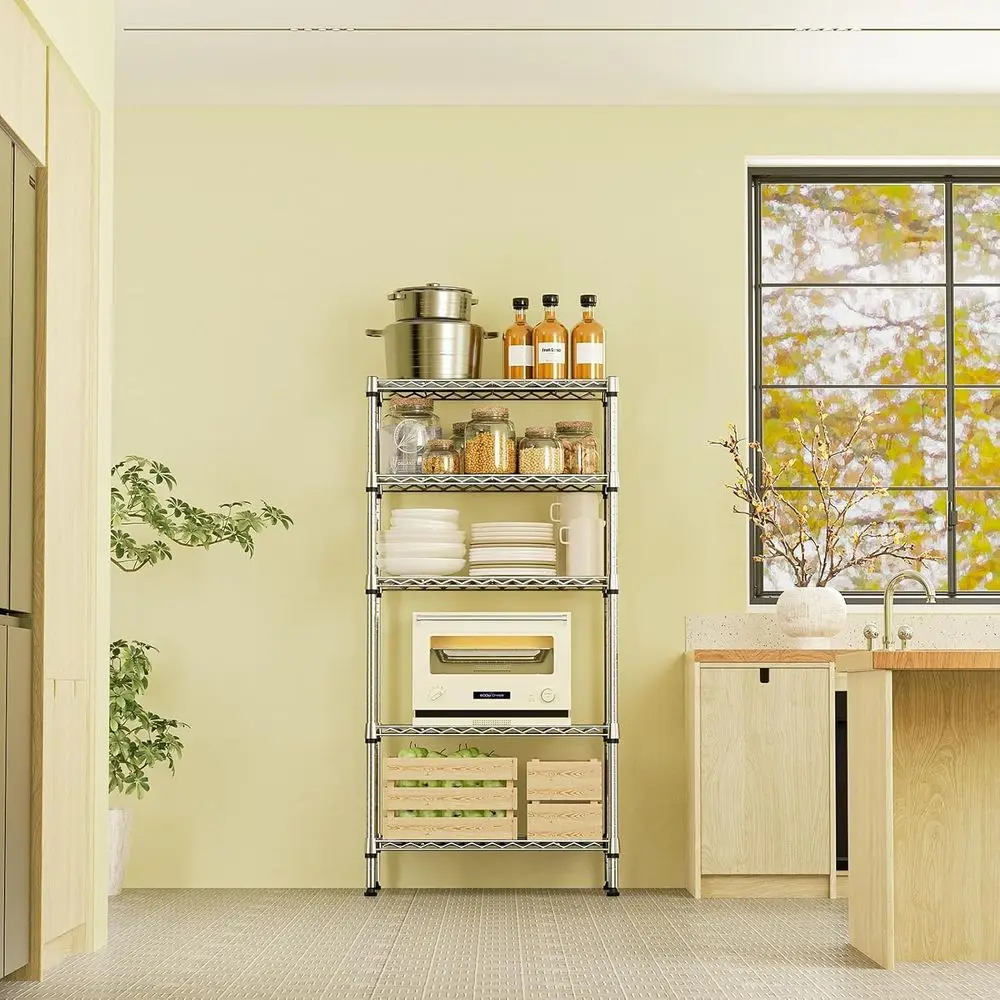 5段式ヘビーデューティーメタルワイヤーシェルフ、耐荷重1250ポンド、キッチン、オフィス、ガレージオーガナイザー