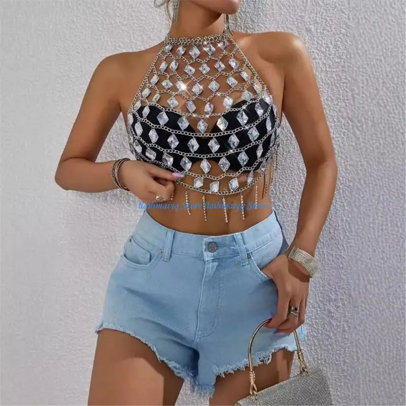 573B Womens Acrylic Crystal Chest Chain Crop Top Rhinestones Body Jewelry Camisole
