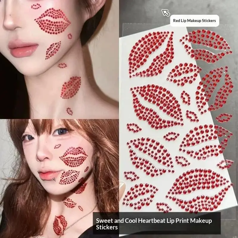 1 Sheet Sexy Realistic Lip Body Jewelry Sticker Kiss Red Lips Face Rhinestones Valentine's Day Gem Temporary Tattoo Stickers