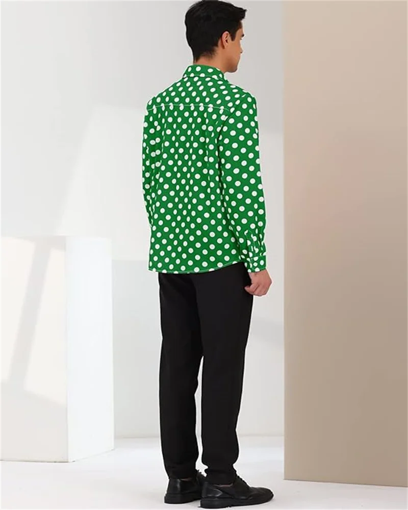 Polka Dot manga comprida camisa Slim, 3D Impresso Lapel Button Top, Design de roupas, 10 cores, £, 2023