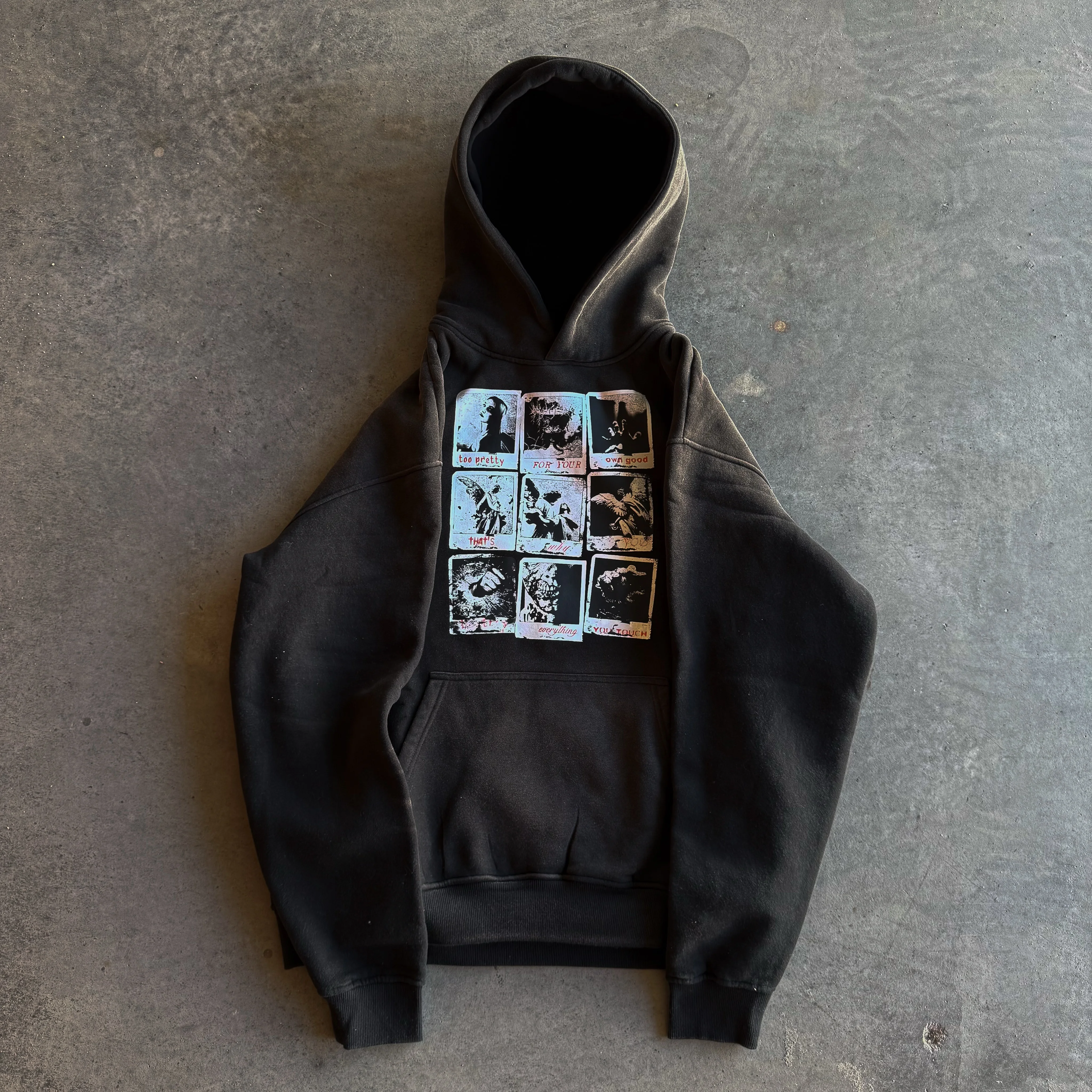 Nine‑Grid Vintage Portrait Photo Print Washed Distressed Black Hoodie American Dark High Street Loose Hooded Sweatshirt