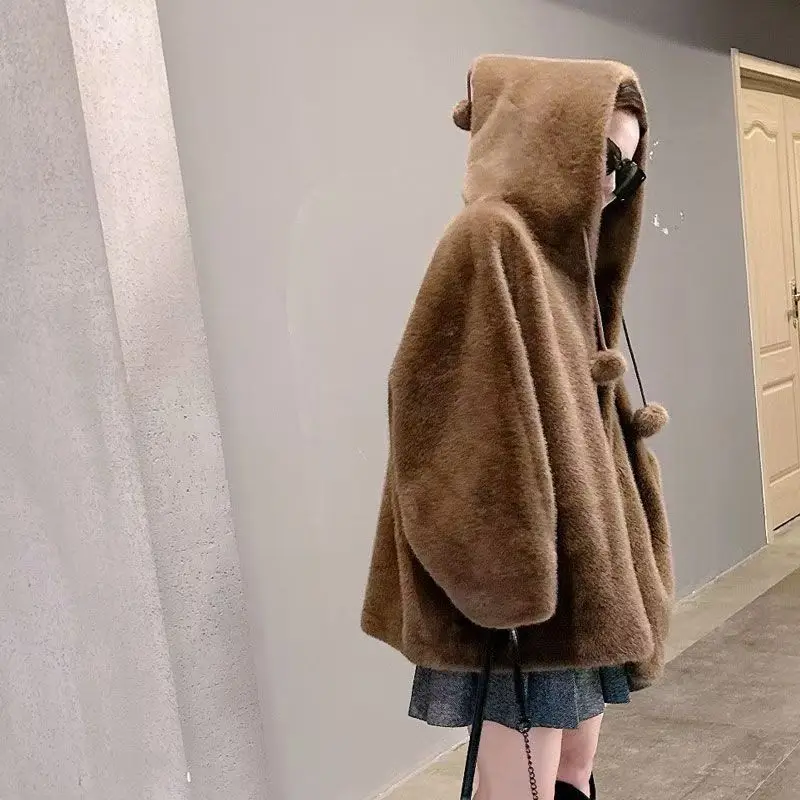 Winter namaakbont lange trenchcoat warme nieuwe dames capuchon lange lijn faux nertsen bont gevoerde jas dikker pluche bontjassen pluizig