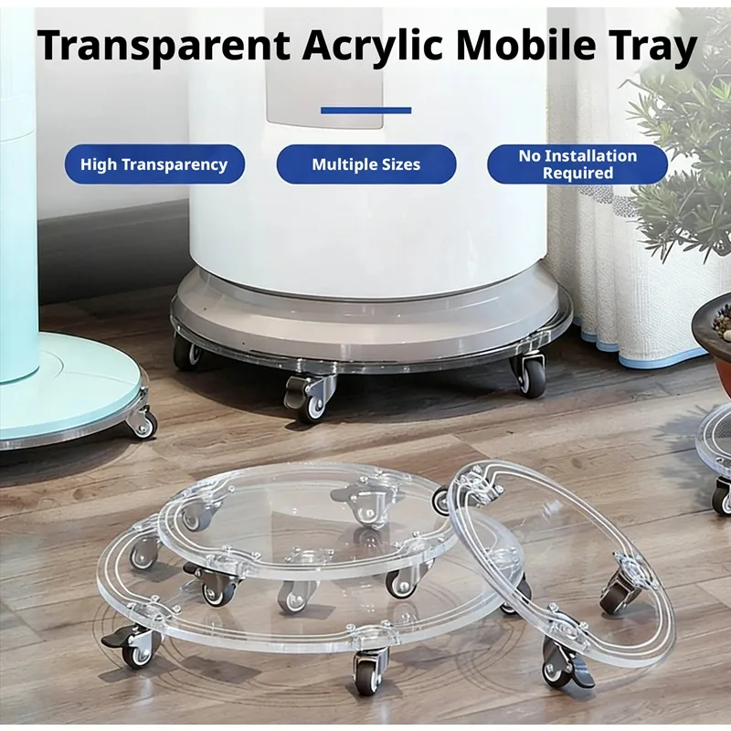 1 Set of Transparent Acrylic Movable Flower Pot Tray with Wheel Universal Roller Pulley Base Chassis Casters