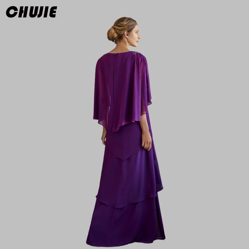 Plum Tiered Chiffon Mother of The Bride Dress Sequin Appliques Prom Party Gowns Customized Chiffon Women Wedding Guest Dresses