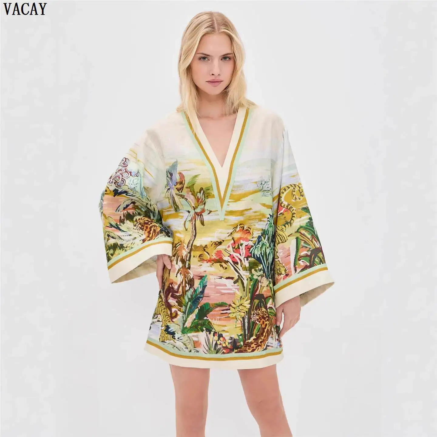 Vacay 2026 Women's Casual Long Sleeve Loose Dress Vacation Style V-Neck Mid-Waist European Fashion Single Piece Fall Collection