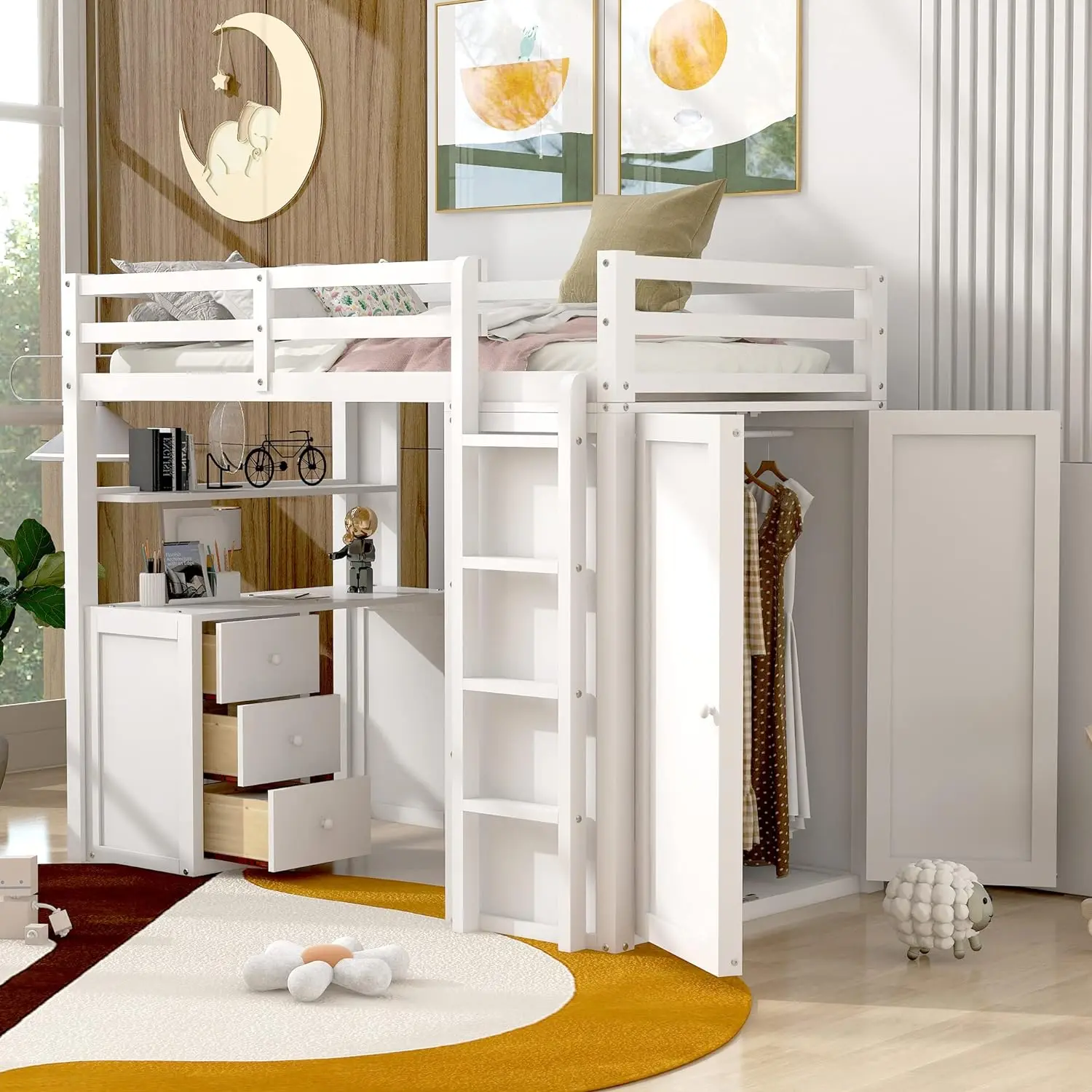 

BOVZA Twin Size Loft Bed with Desk,3 Drawers&Wardrobe,with Guardrails for Teens&Adults, White