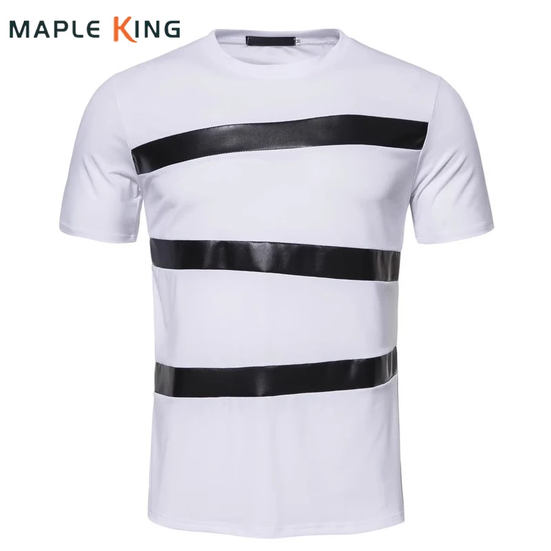 PU Leather Patchwork Mens T-Shirts Camiseta Oversize Hombres Summer Punk Style Casual Hip Hop Streetwear for Men Camisetas Tops