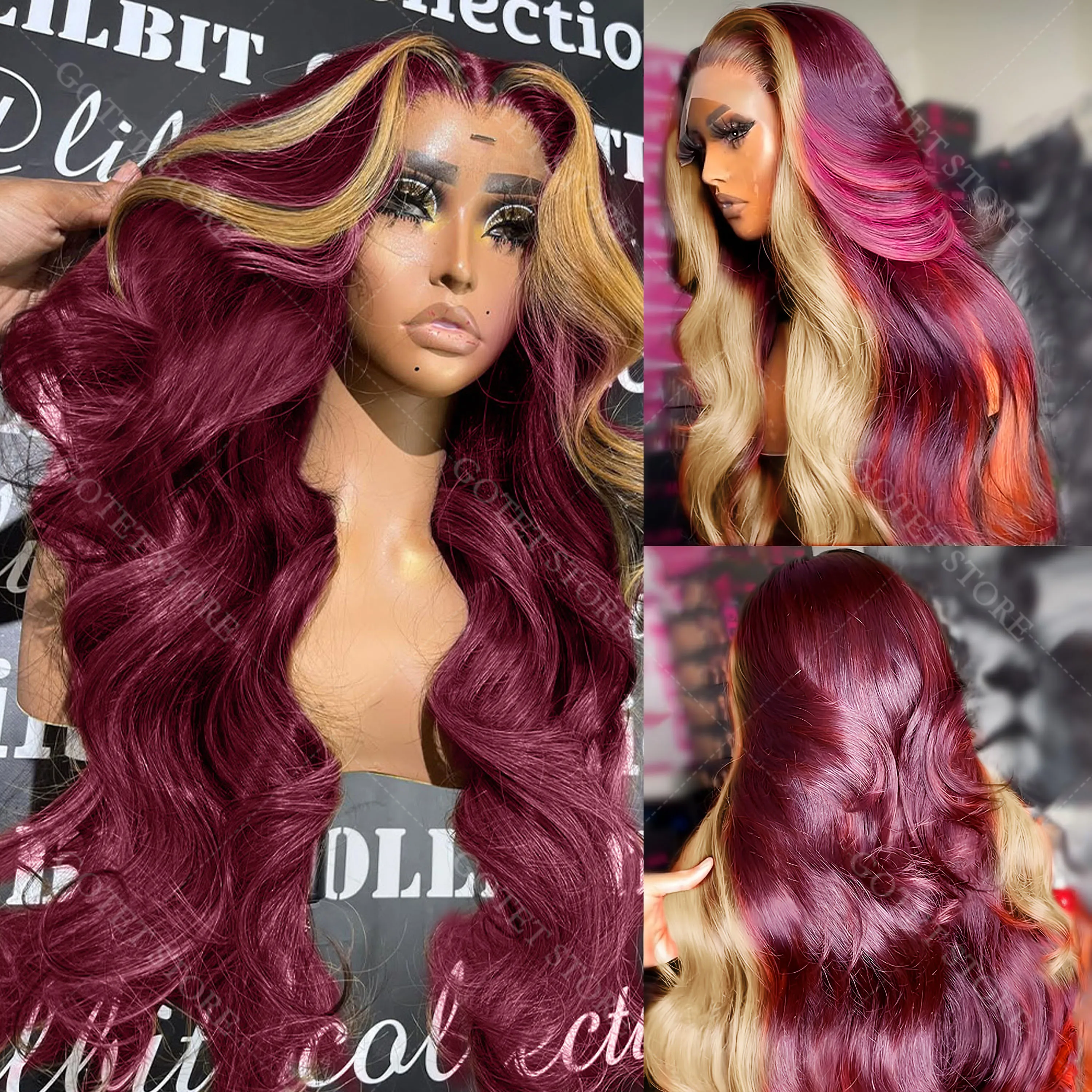بورجوندي 613 شعر مستعار ملون 200 الكثافة 13x4 HD الدانتيل أمامي غلويليس تسليط الضوء على الجسم موجة خصلات الشعر المستعار الإنسان