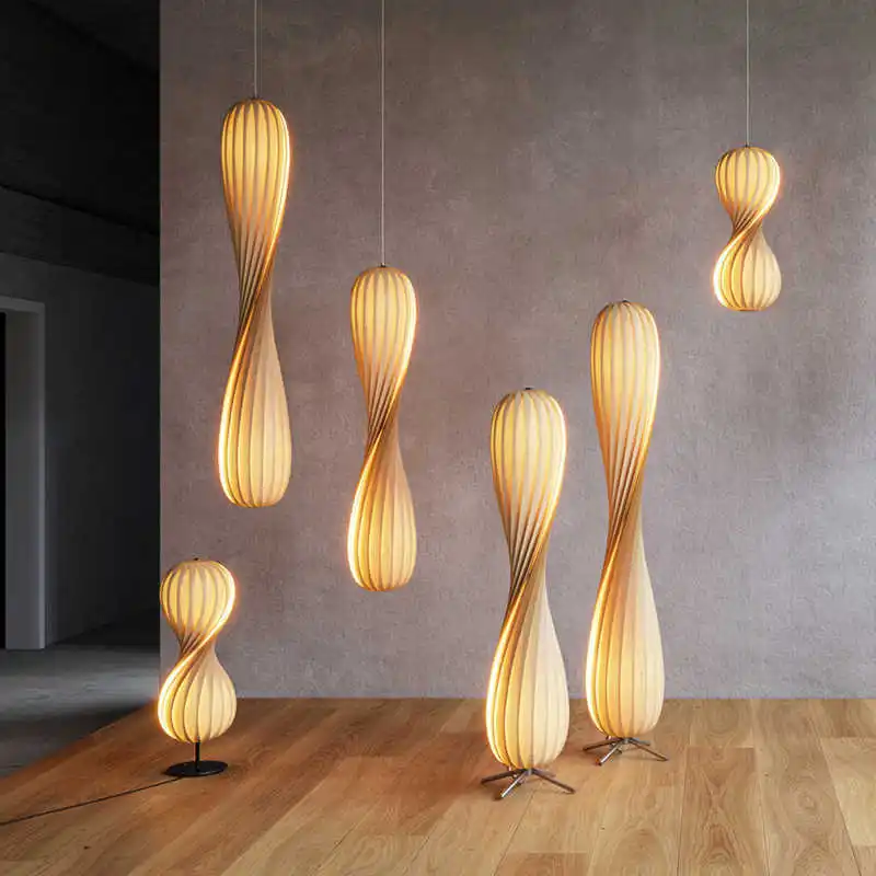 Creative spiral wooden floor lamp, Wabi Sabi style log color pendant light, decorative floor lamp for living room ZY808SQ