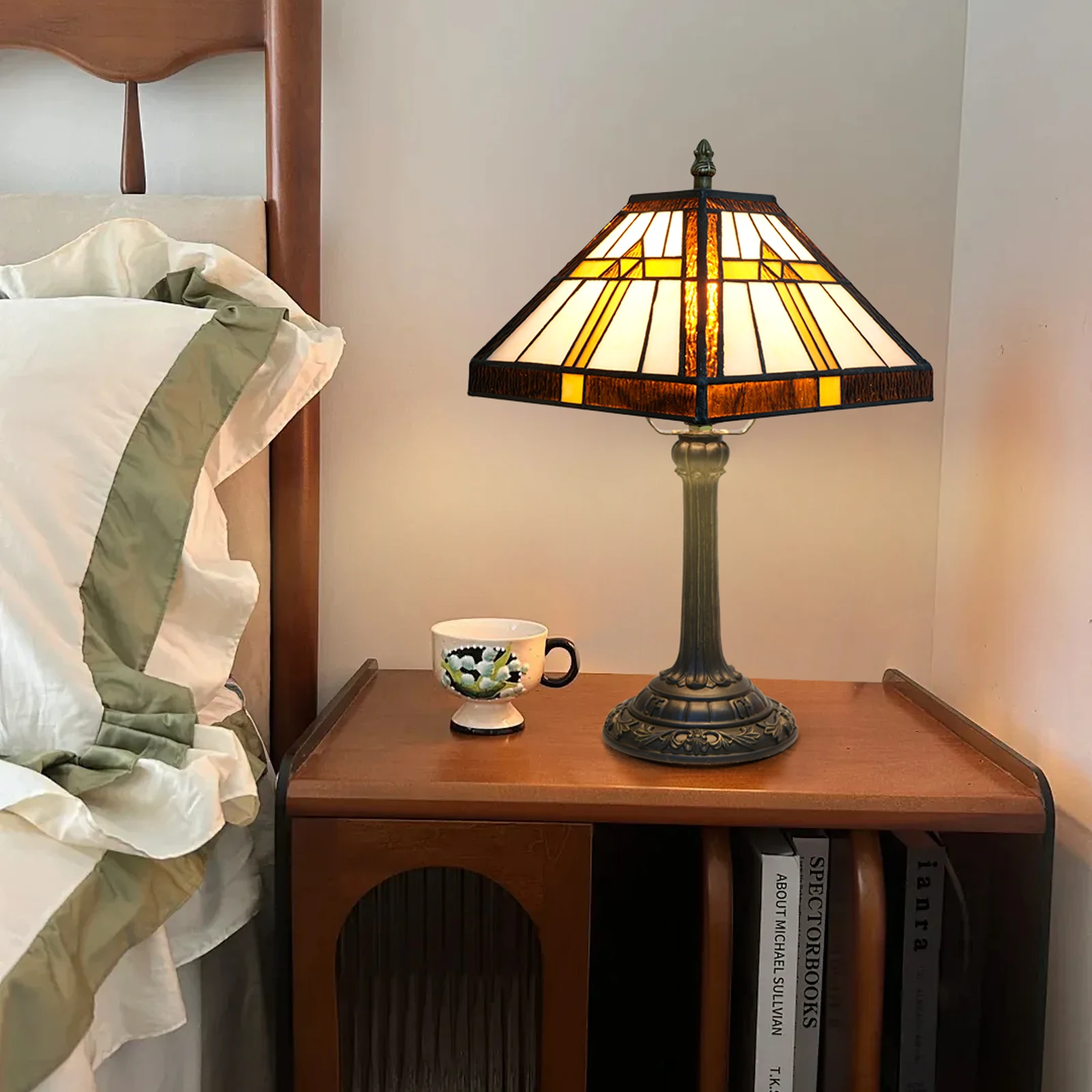 8 Inch Mission Style Stained Glass Lamp Table Lamp Antique Tabletop Tiffany Style Lamp for Study Office Bedroom Living Room