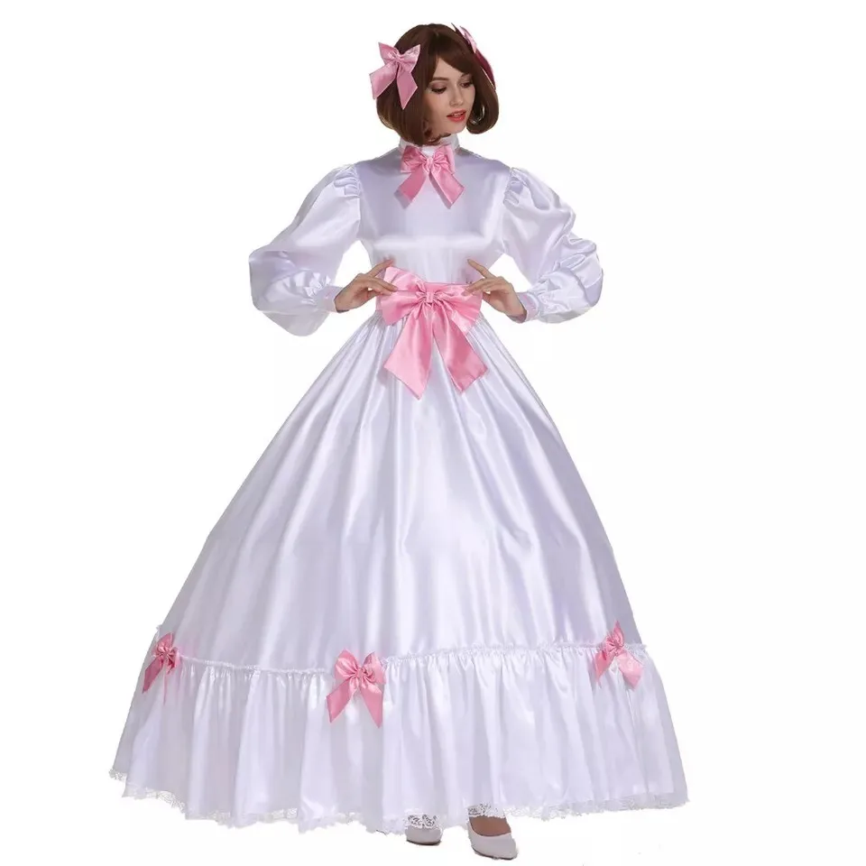 

Sissy girl's white satin long sleeved pink bow embellished maid cosplay outfit can be customized