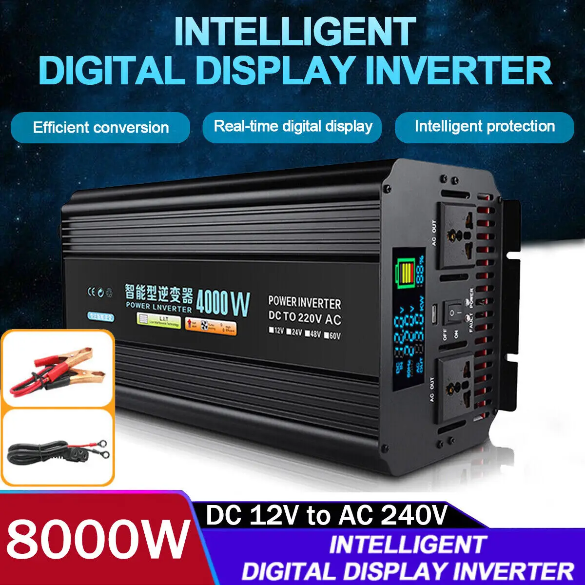 POWER INVERTER 4000W /8000W DC TO AC 12V  2 UK OUTLETS & USB WITH SOFT START, VOLTAGE DISPLAY CAR CARAVAN CAMPING BOAT