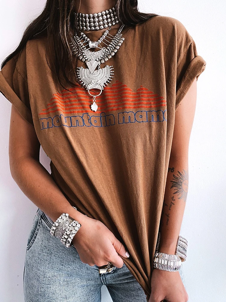 Mountain Mama Printed Vintage Women T Shirt Round Neck Side Slit Tee Shirt for Women Clothes Loose Summer Graphic Tees Tops