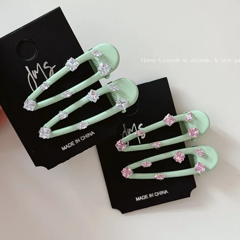 

Мятно-зеленая и розовая заколка для волос со вспышкой и бриллиантами, мятная мода для девочек, зарубежная высококачественная изысканная заколка для волос с боковой челкой, аксессуары для волос