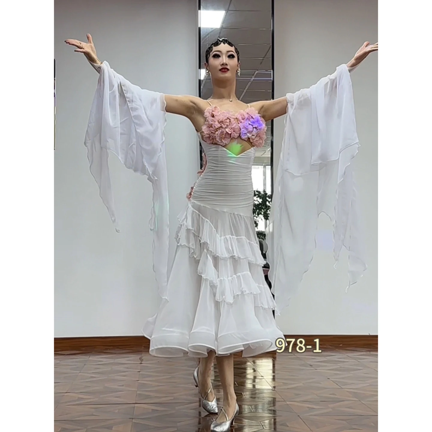 Custom Size Ballroom Dance Dress White Waltz Dance Costumes Flowers White Long Dress Prom Tango Performance Dresses BL18441
