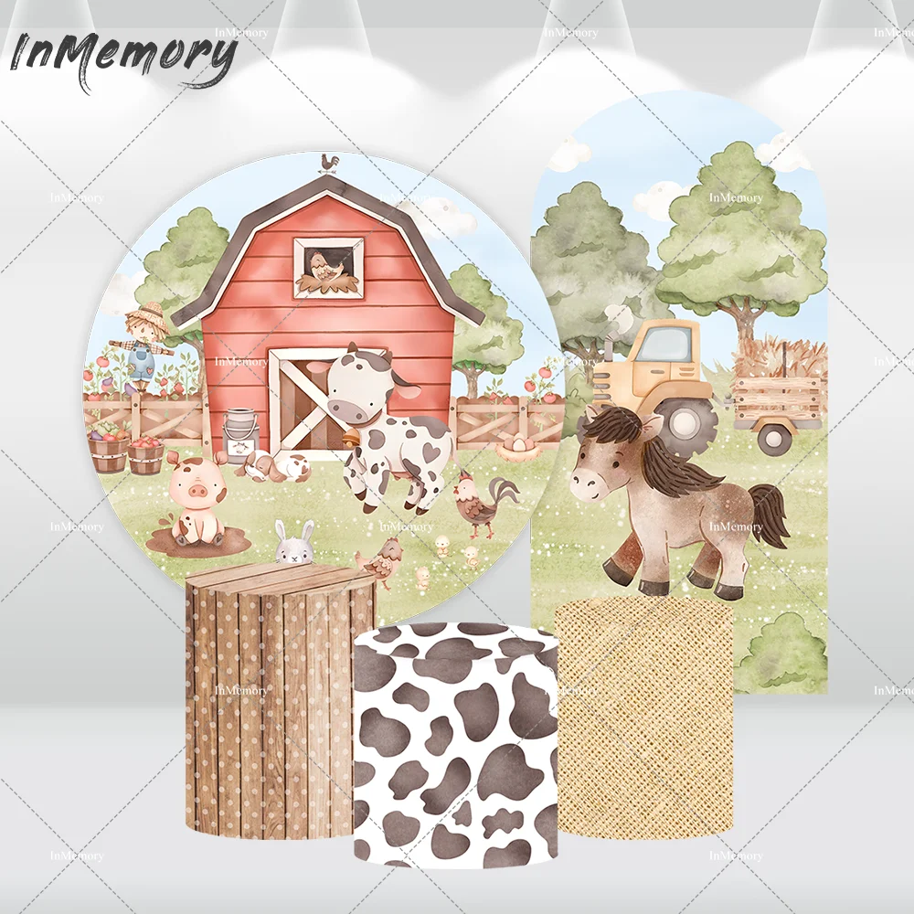 Cartoon Farm Animals Round Backdrop Birthday Party Decoration Baby Horse Truck Arch Backdrops Wall Wood Cow Print Cylinder Cover