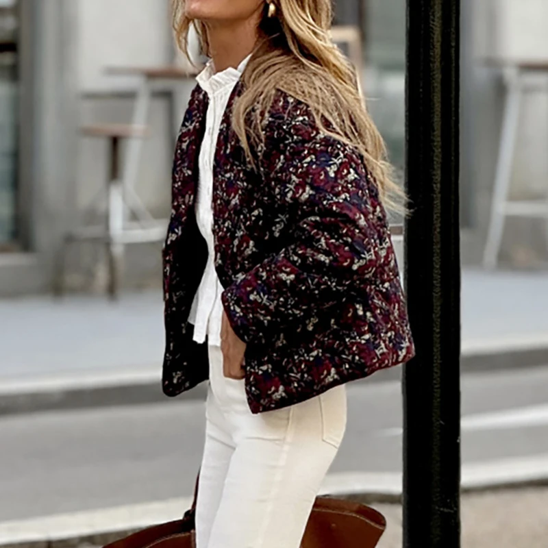 

Ladies V-neck Slim Fit Commuting Cotton Jacket New Autumn Winter Warm Short Outerwear Vintage Floral Printed Long Sleeved Coat