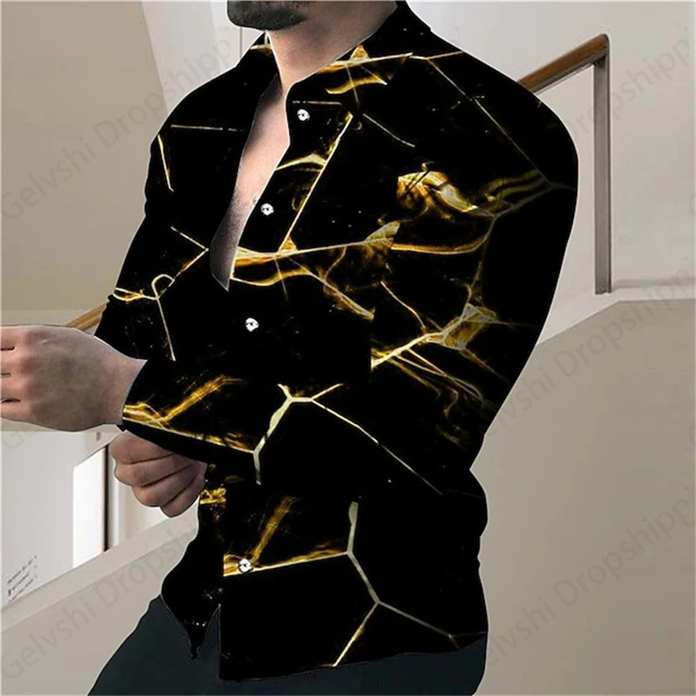 Long Sleeve Hawaiian Shirts Golden Line Pattern 3d Print Shirt Men Fashion Turn Down Collar Beach Shirt Social Blouse 5XL Camisa