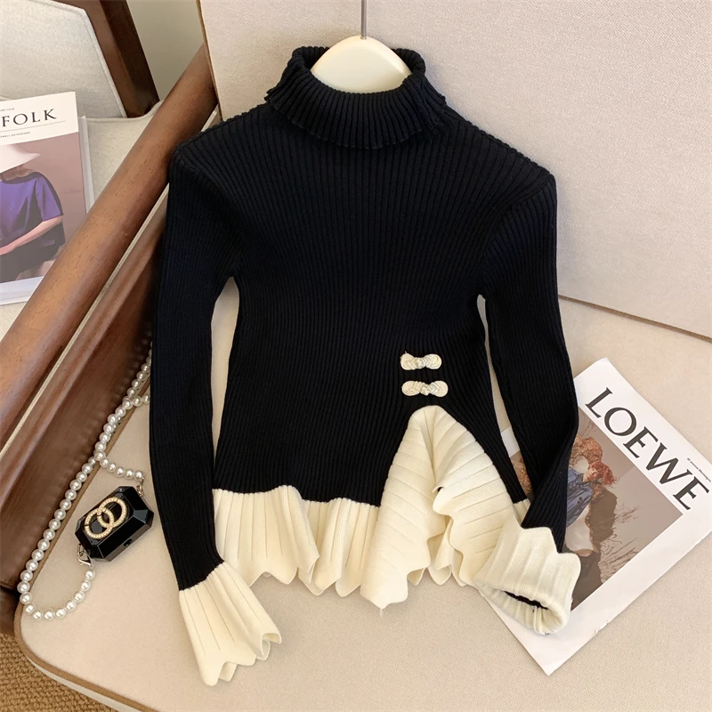 Women's High-Neck Knitted Sweater Female Pullover Slim Warm Sweater Mosaic Falbala Clothes Long Sleeves Top Autumn Winter 2023