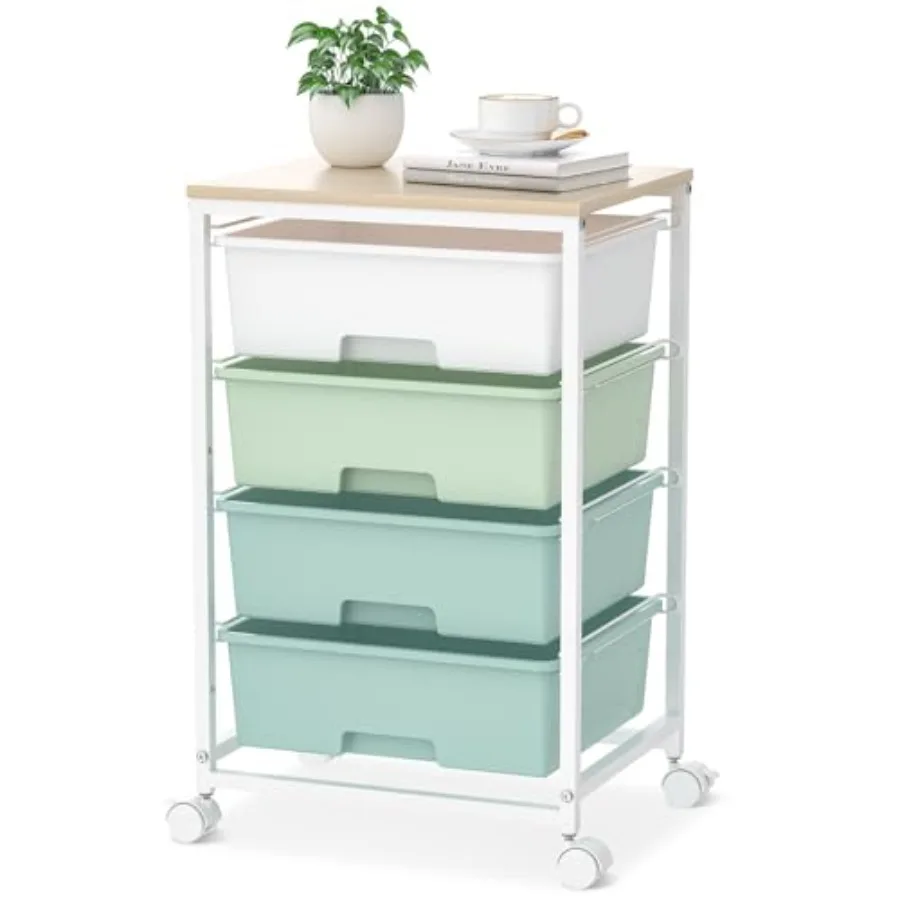 

Utility Cart with 4 Drawers, Rolling Storage Cart with Drawers, Storage Rolling Drawer Cart with Wooden Tabletop for Bedroom, K