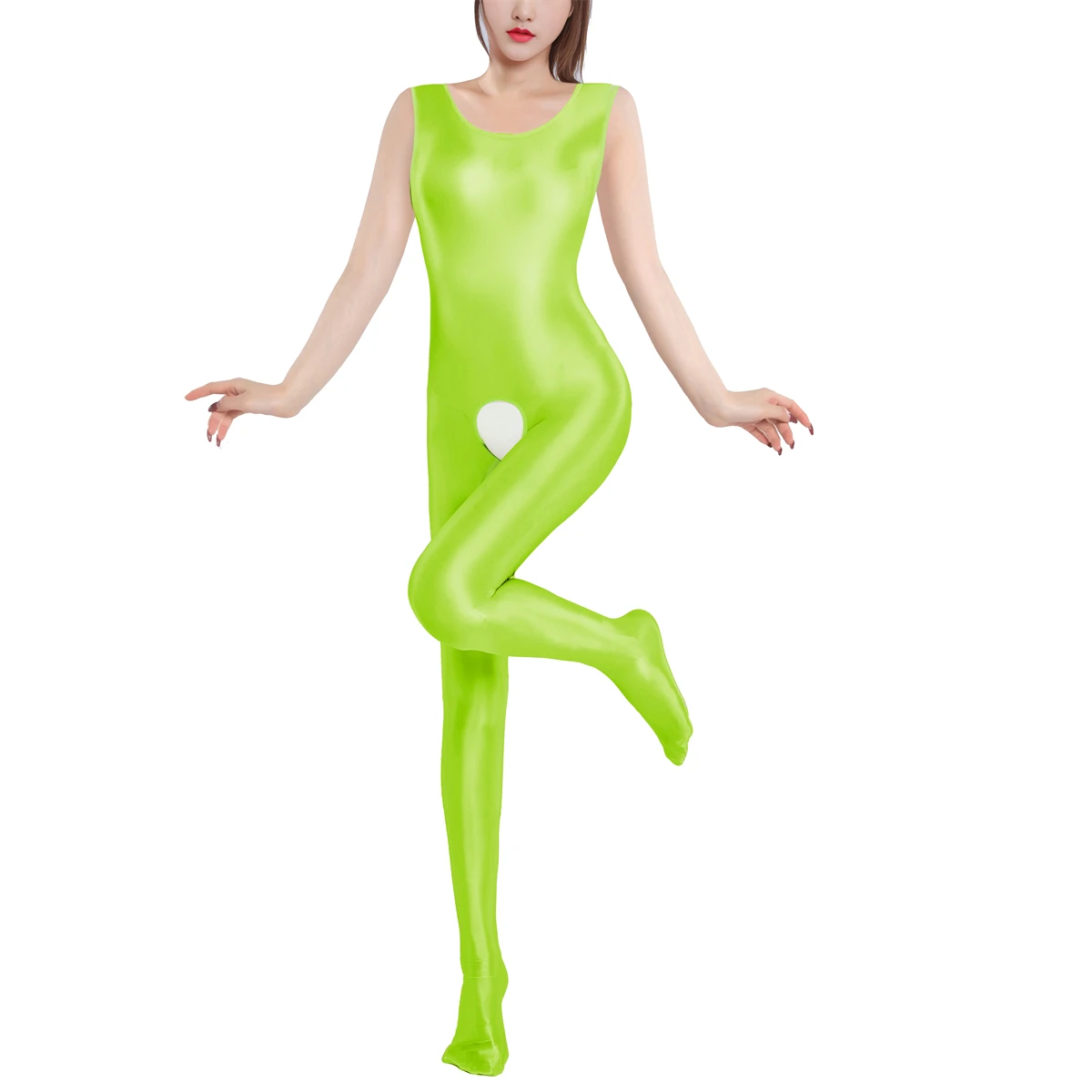 

New Womens Sexy Crotchless Oil Glossy Full Body Jumpsuit Sports Gym Yoga Stretchy Bodysuit Sleeveless One Piece Lingerie Rompers