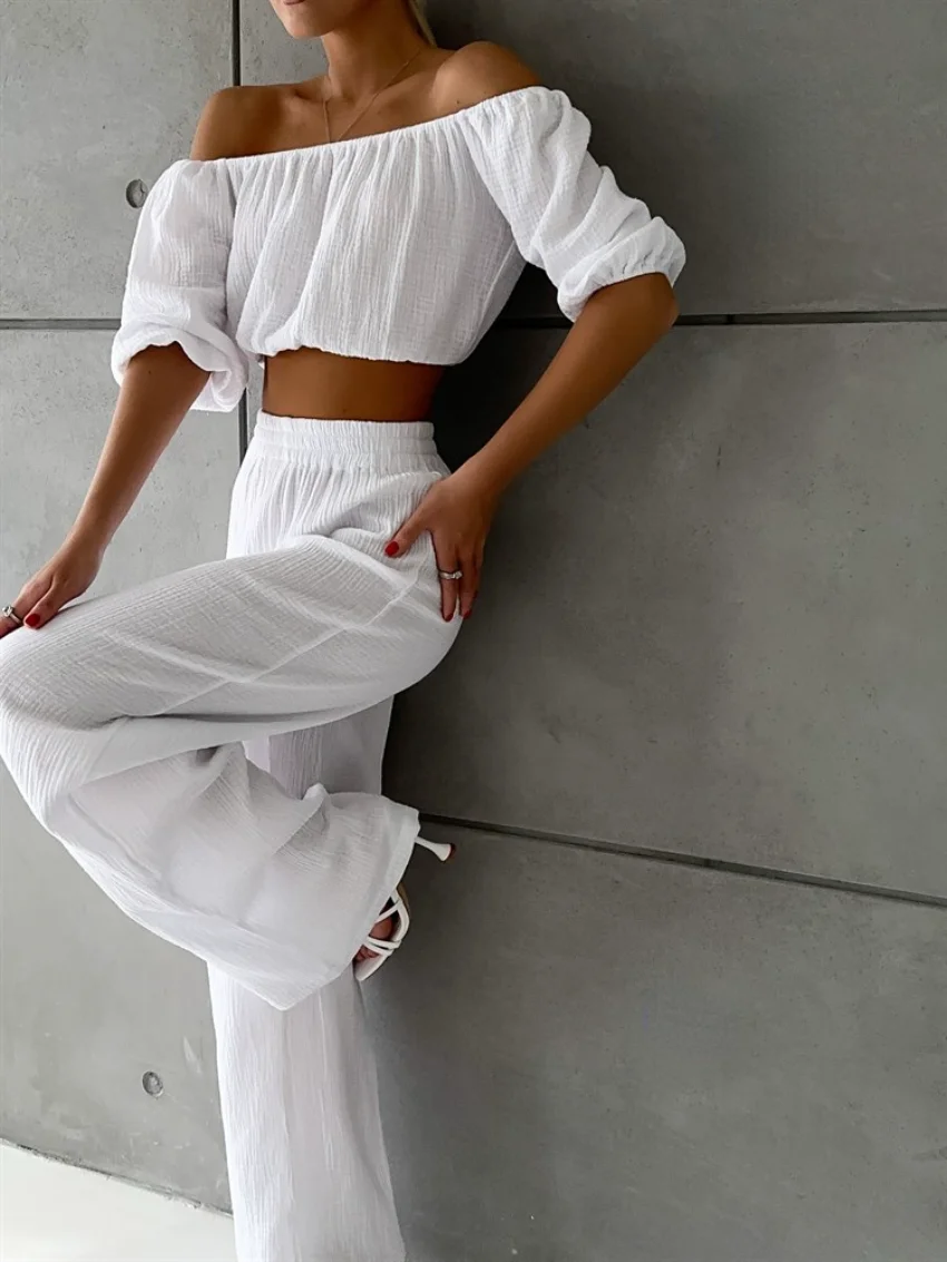 

Women Cotton Pleated Off Shoulder Tops Long Pants Two Piece Set Summer Solid Casual Short Puff Sleeve Shirt and Straight Pants